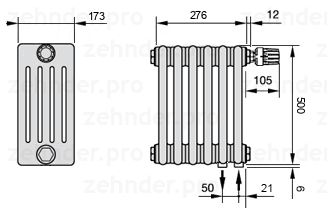 Схема (чертеж) Радиатор Zehnder Charleston 5050/6 №V002 Белый глянцевый RAL 9016